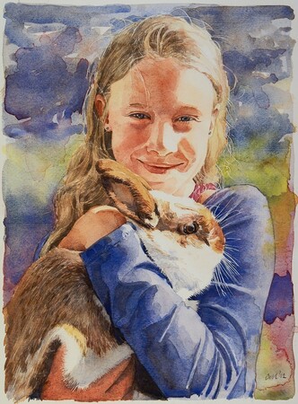 Kinderportret in aquarel van Suzanne met haar konijn 2012