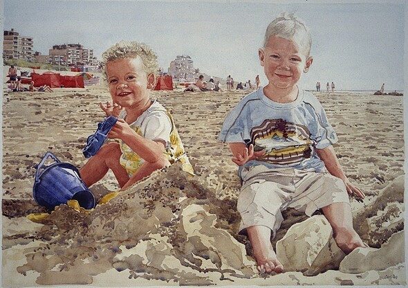 Kinderportret in aquarel op het strand 2004