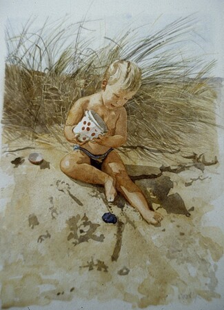Kinderportret in aquarel in de duinen 1992