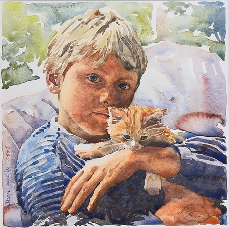 Kinderportret in aquarel van Daan met poes 1991