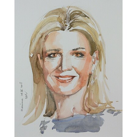 Portretschets Maxima - Aquarel met bruine conté  2018