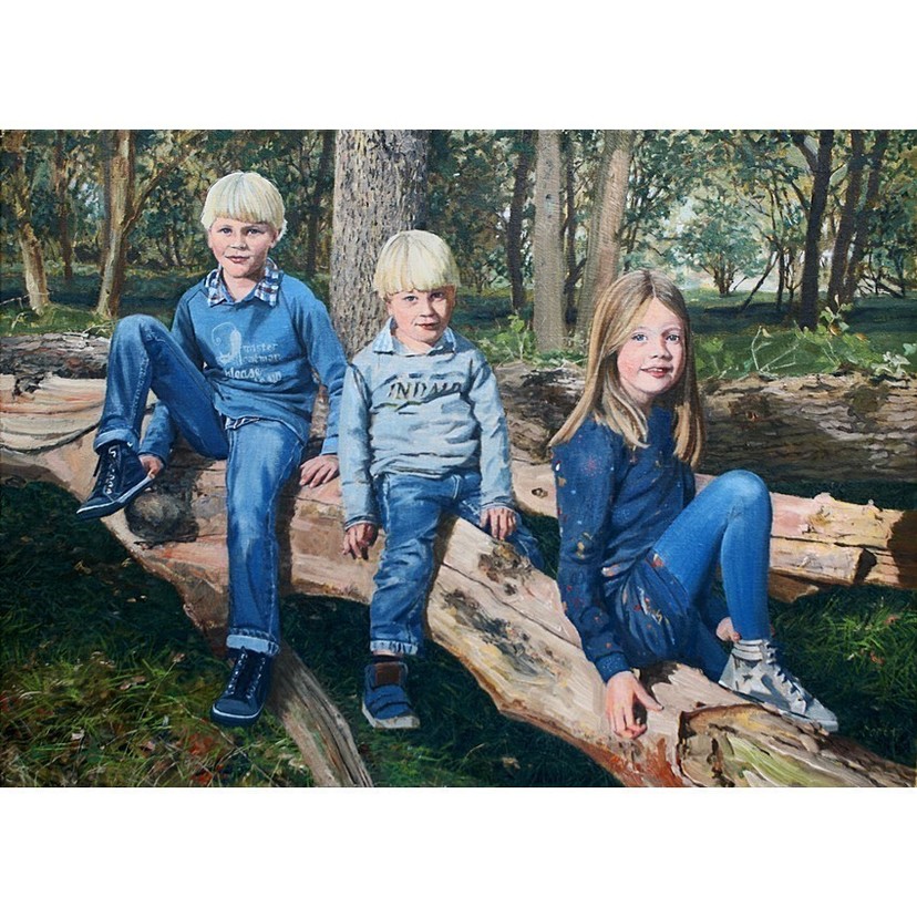 Portret van drie kinderen in Meijendel - Olieverf 2017