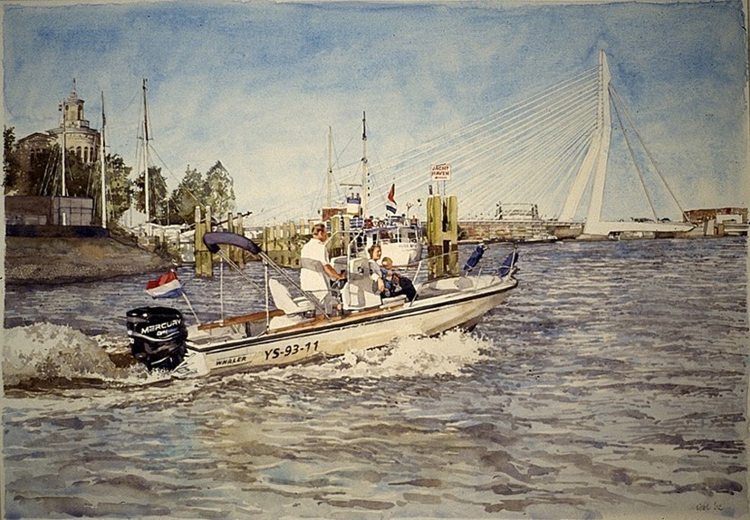 Rotterdam met Erasmusbrug - Portret op speedboot - Aquarel 2002 